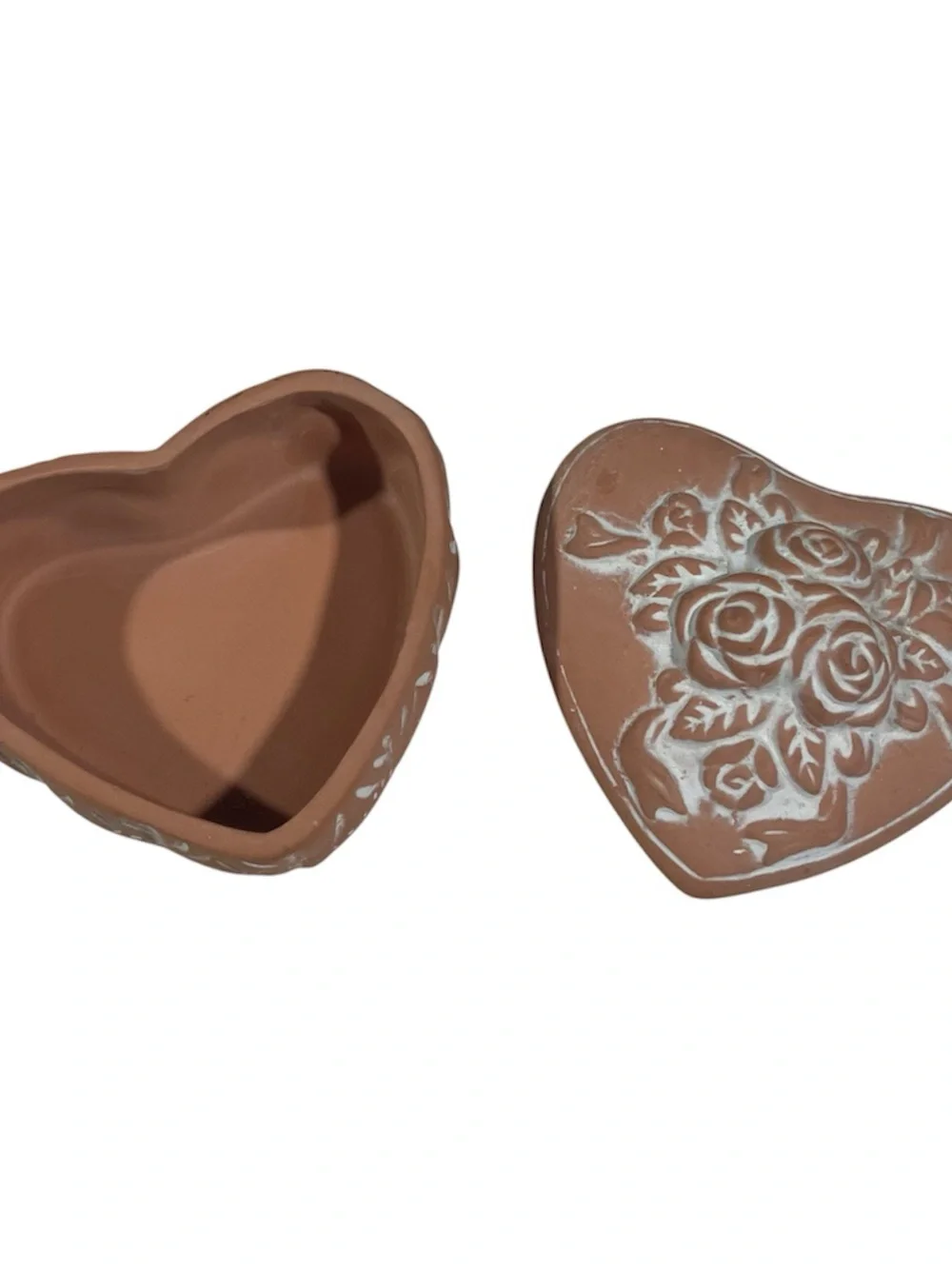Vintage Terracotta Heart Trinket Box With Floral Rose Lid